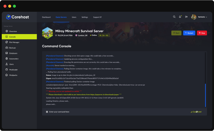 CorePanel console screenshot