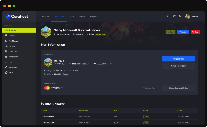 CorePanel plan information screenshot