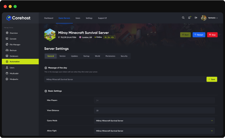 CorePanel settings screenshot